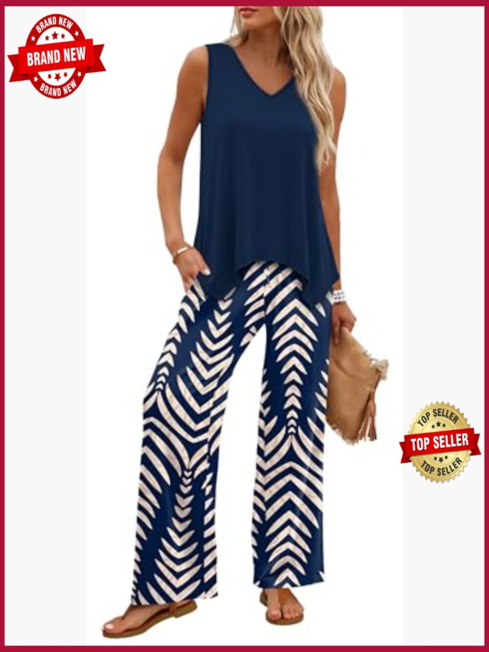 Two Piece Lounge Set Sleeveless Wide Leg Pants Set Summer Cruise Vacation - Picture 2 of 7